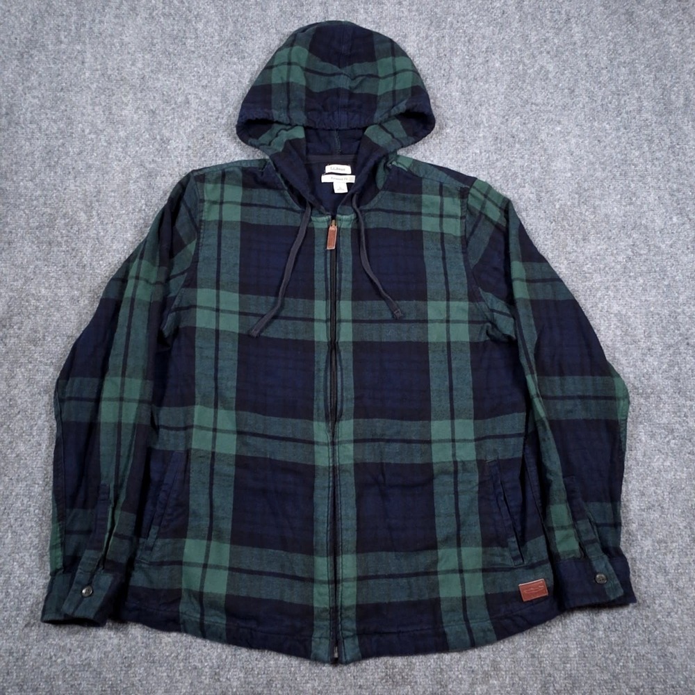 L.L.Bean Scotch Plaid Flannel Hoodie Jacket Womens L Plaid Full Zip Relaxed Fit